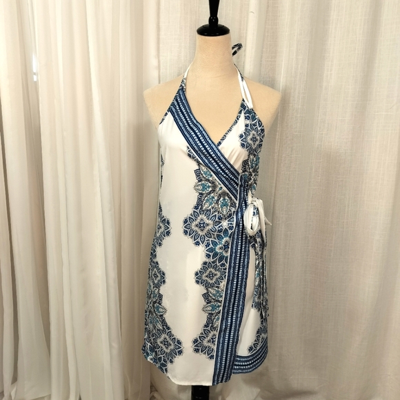 2/$30 Blue & White Romper with Halter Neck Line Satiny Material - Picture 1 of 14